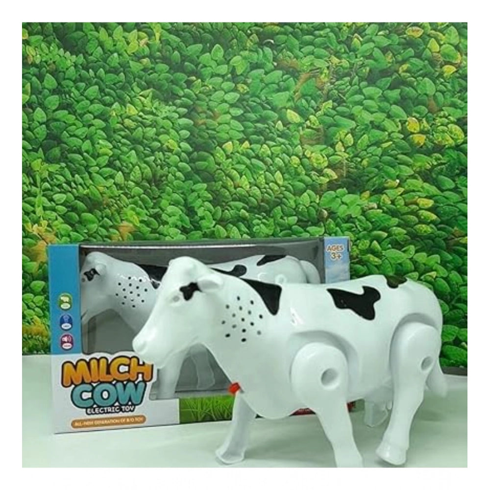 Multi-colored plastic electric milk cow with moving legs and shaking tail - interactive toy for children's play
