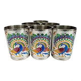 Silver steel Meenakari peacock design decorative glass tumbler set