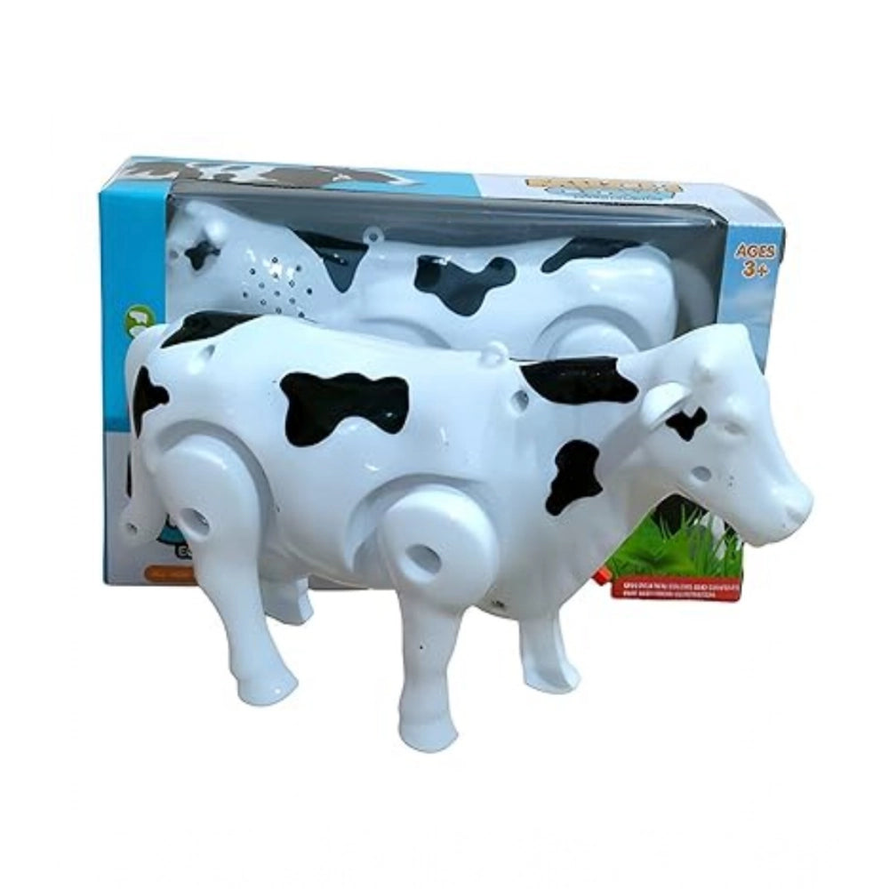 Multicolor plastic electric milk cow toy with moving legs and shaking tail, children's play item on display stand