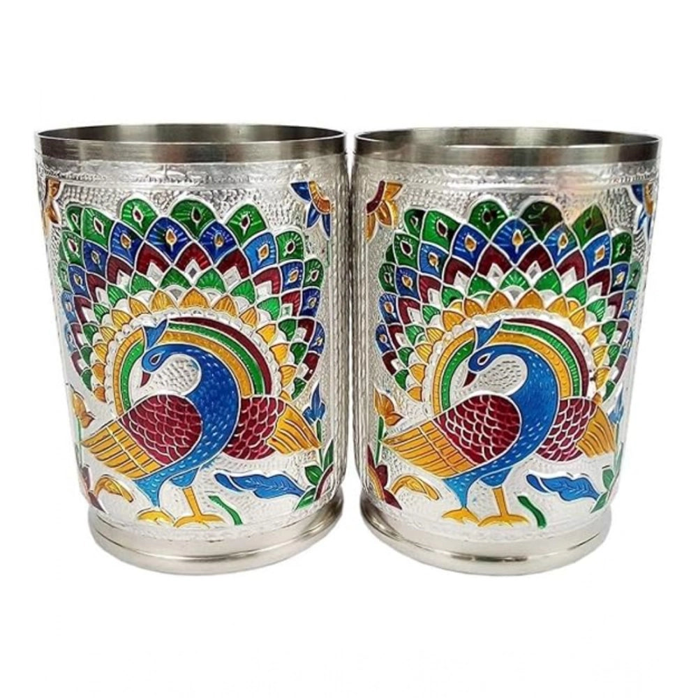 Steel Meenakari peacock design decorative glass set in silver (tumbler) on display stand