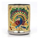 Gold steel Meenakari peacock design decorative glass tumbler set, intricate peacock motif on golden backdrop