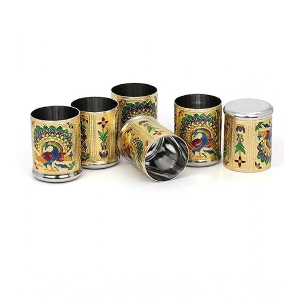 Gold steel Meenakari peacock design decorative glass tumblers set, intricate Indian artistry detailing on display
