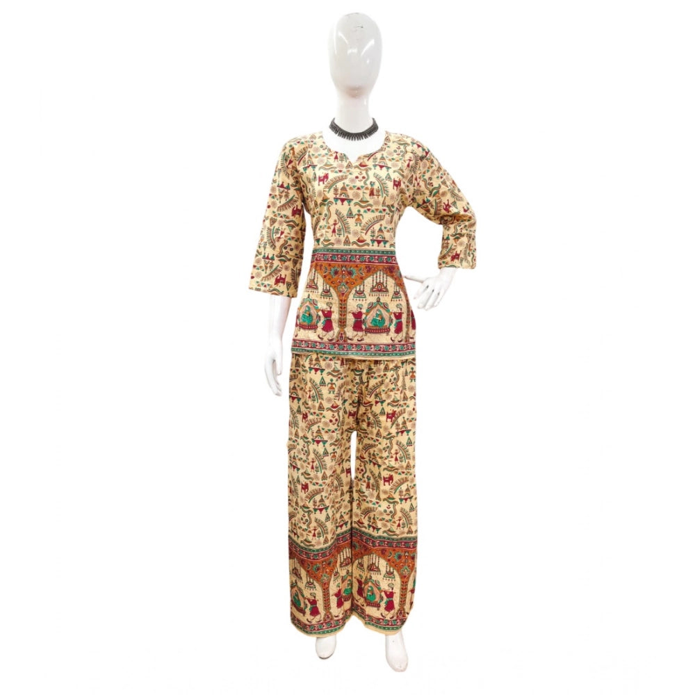 Multicolor cotton Jaipuri printed co ord set with 3-4th sleeves, sweetheart neckline for women's fashion