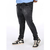 Grey cotton blended plus size men's jeans, solid pattern with mid-rise and button closure on display