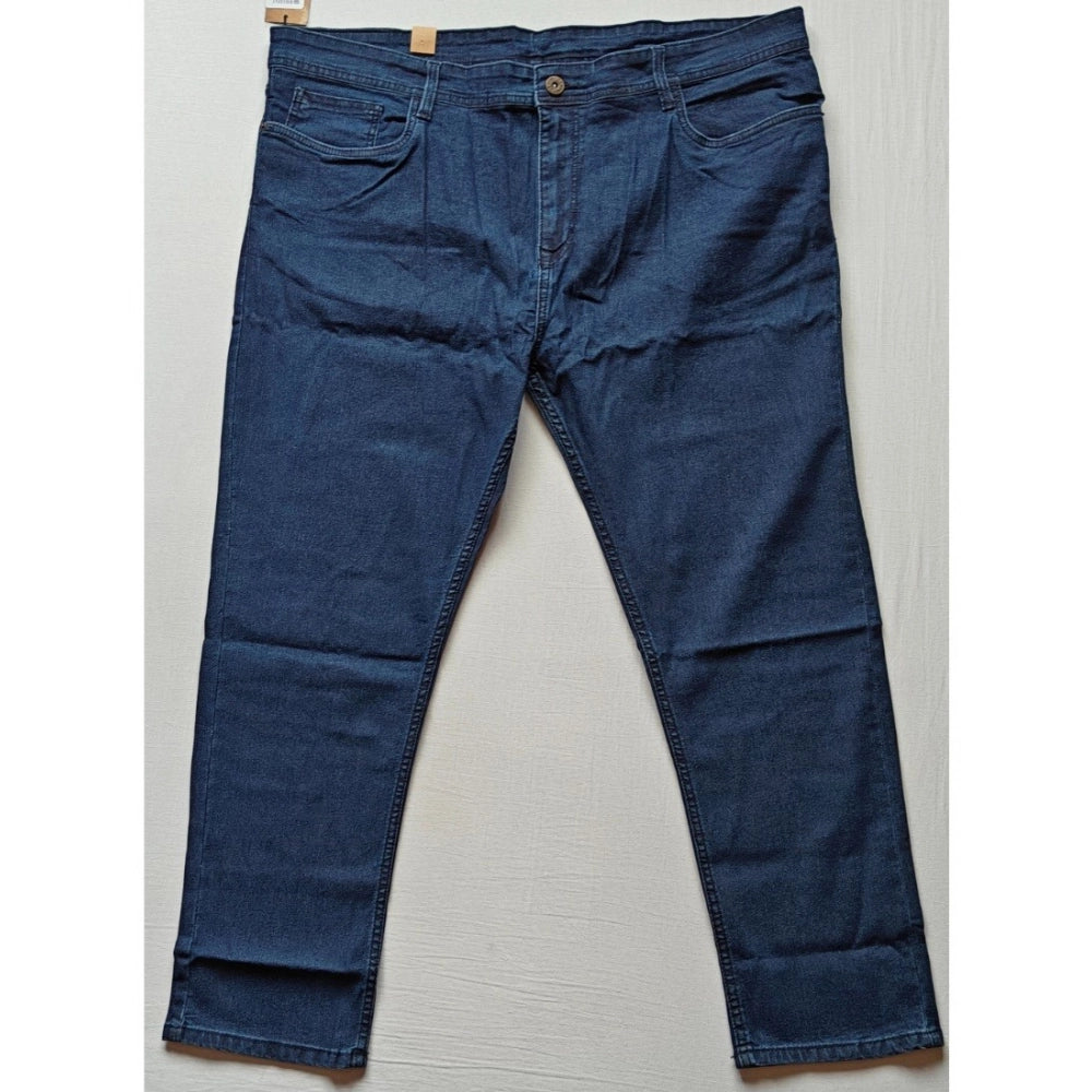 Dark blue cotton blended plus size men's jeans, solid pattern for comfortable fit