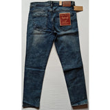 Men's cotton blended solid tapered jeans, mid rise blue color - close-up view