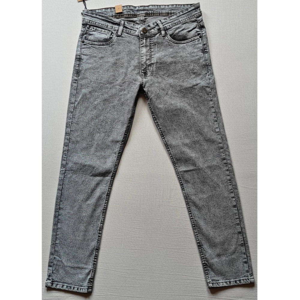 Grey cotton blended men's tapered jeans, solid pattern for stylish everyday wear