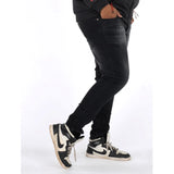 Men's cotton blended plus size black jeans, solid pattern, mid-rise fit on model
