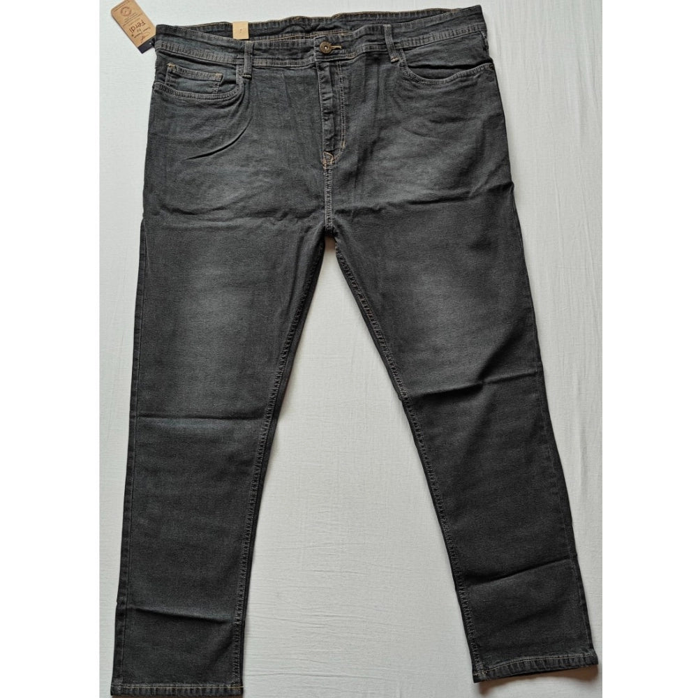 Dark grey cotton blended plus size men's jeans, solid pattern, mid-rise, suitable for all occasions