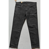 Grey cotton blended men's tapered jeans, solid pattern, mid-rise with button closure