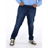 Dark blue cotton blended men's plus size solid jeans - mid rise with button closure