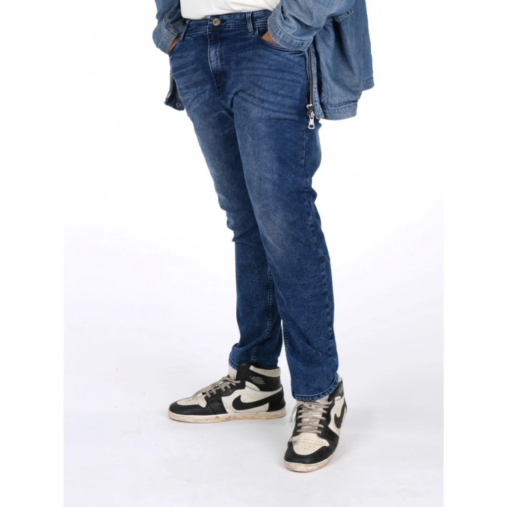 Men's cotton blended plus size blue jeans, mid rise solid pattern for stylish comfort