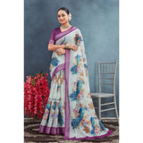 Magenta linen floral printed saree with unstitched blouse, vibrant floral pattern on 5.5mtr fabric