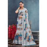 Off-white linen floral printed saree with unstitched blouse, perfect for traditional occasions