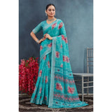 Aqua linen floral printed saree with unstitched blouse (5.5mtr), traditional Indian attire for women