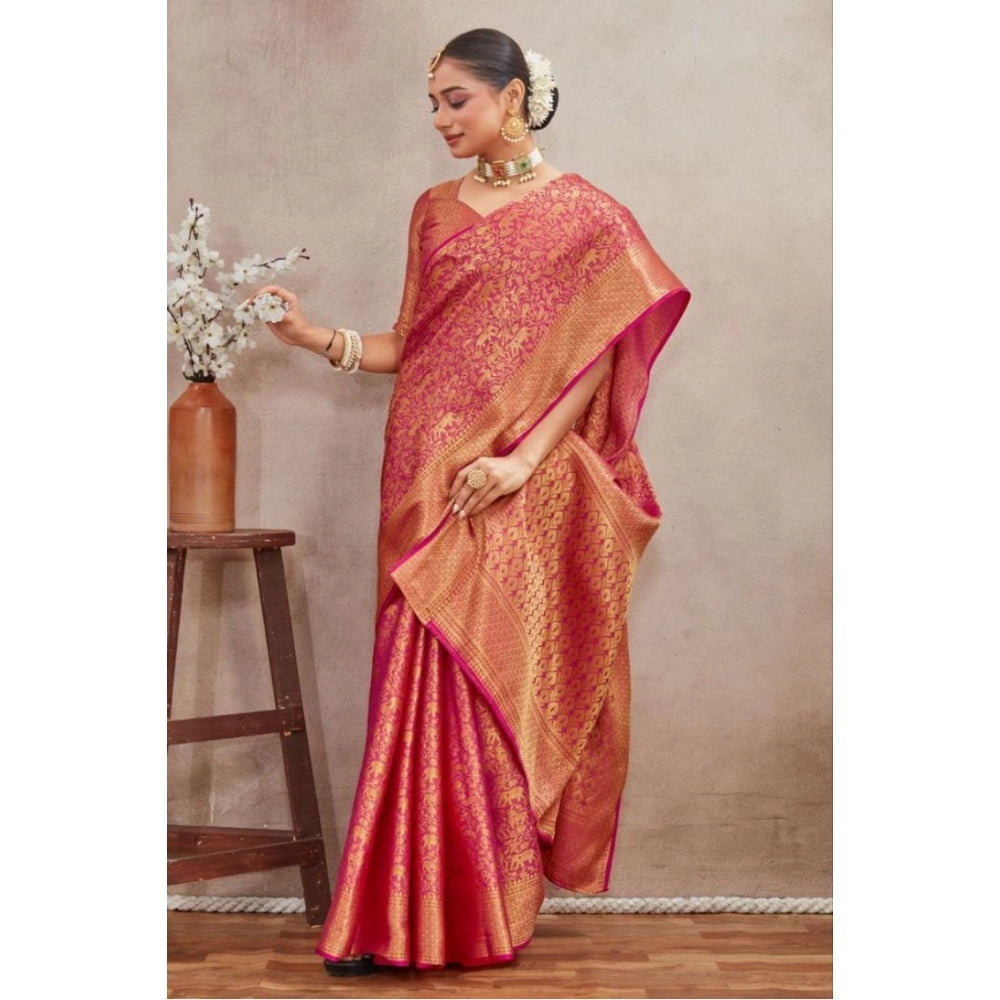 Pink silk blend floral printed saree with unstitched blouse, 5.5mtr
