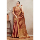 Brown silk blend floral printed saree with unstitched blouse, vibrant floral design for traditional Indian wear