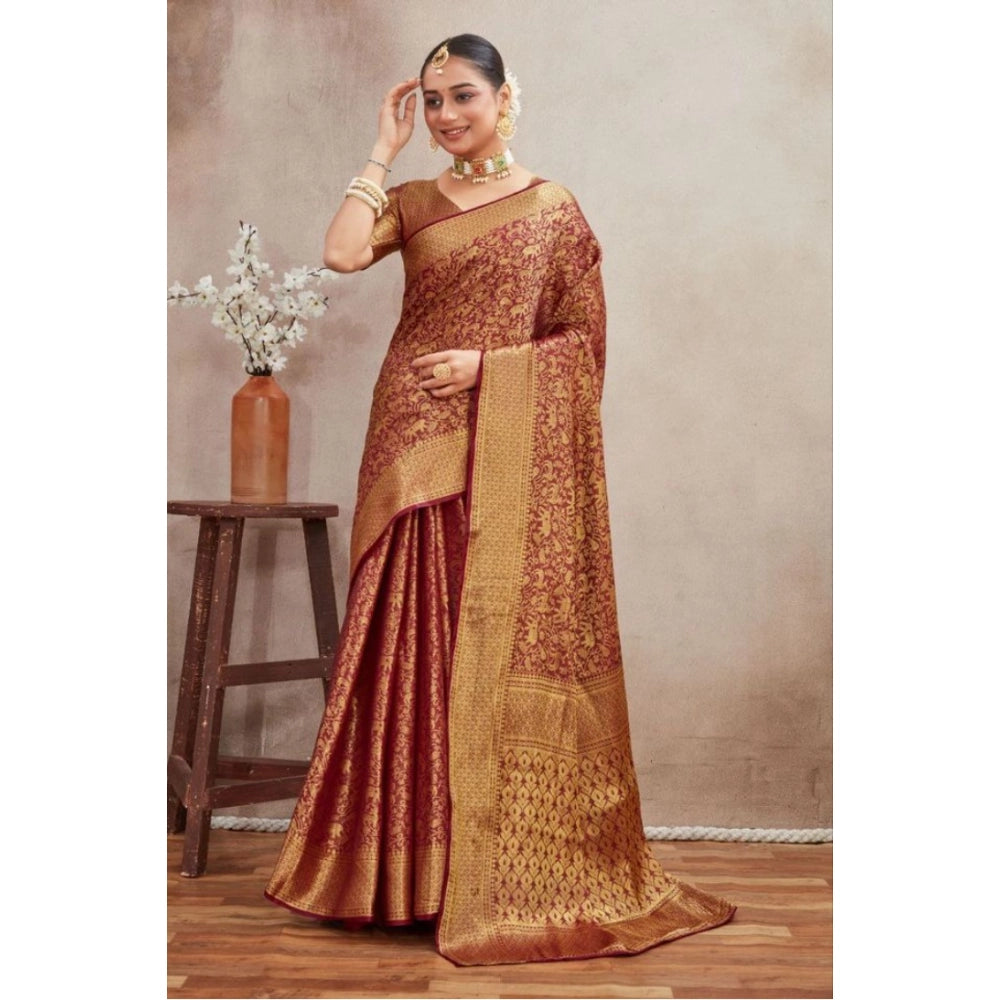 Brown silk blend floral printed saree with unstitched blouse, vibrant floral patterns on rich fabric for traditional Indian wear