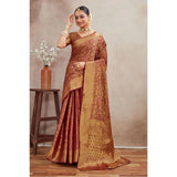 Brown silk blend floral printed saree with unstitched blouse, vibrant floral patterns on rich fabric for traditional Indian wear