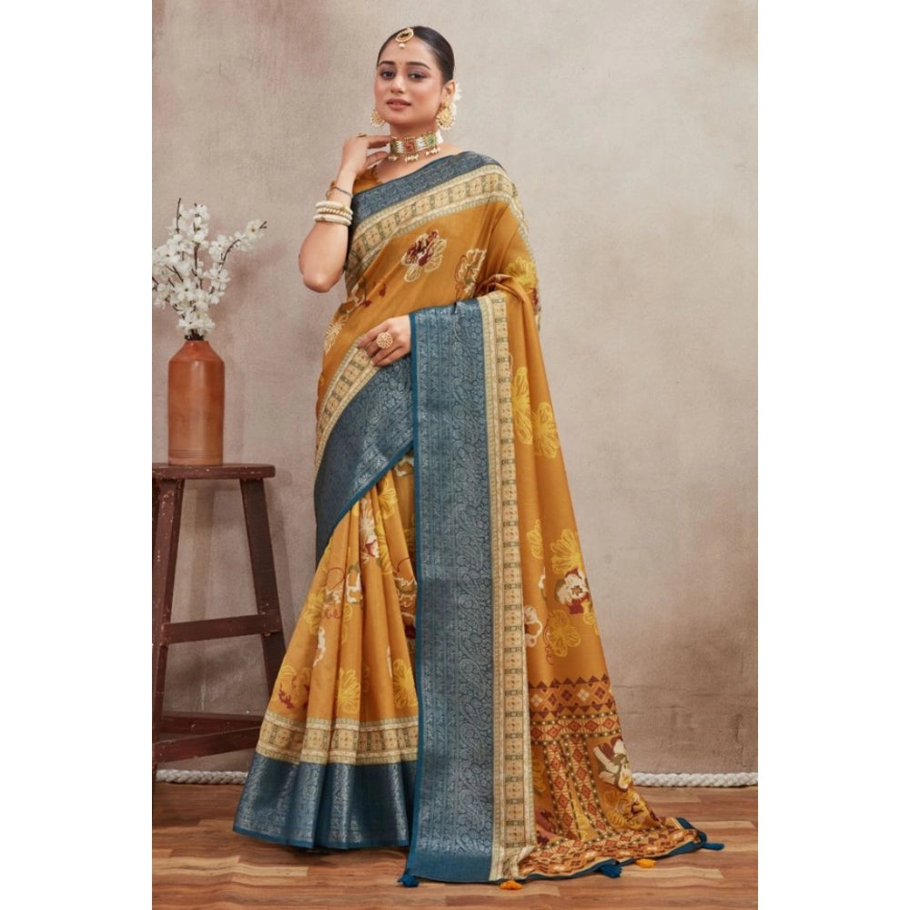 Mustard crepe silk printed saree with unstitched blouse (5.5mtr), traditional Indian fashion wear on mannequin