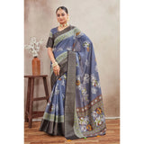 Grey crepe silk printed saree with unstitched blouse, vibrant pattern detail