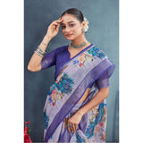 Purple linen floral printed saree with unstitched blouse (5.5mtr), traditional Indian wear for women