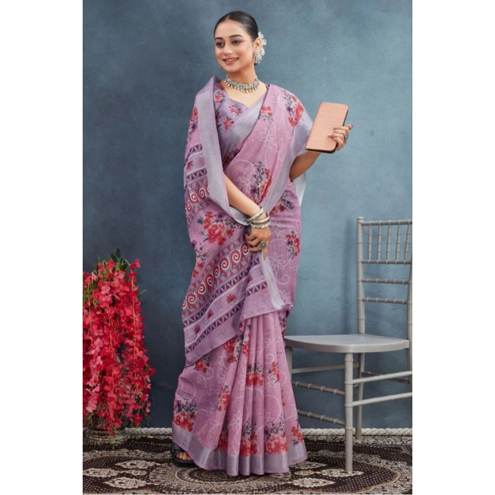 Purple linen floral printed saree with unstitched blouse, vibrant blooms on flowing fabric