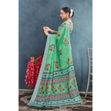 Green linen floral printed saree with unstitched blouse, 5.5Mtr