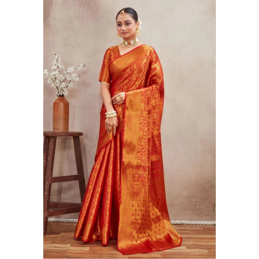 Red silk blend floral printed saree with unstitched blouse (5.5mtr), luxury Indian traditional wear