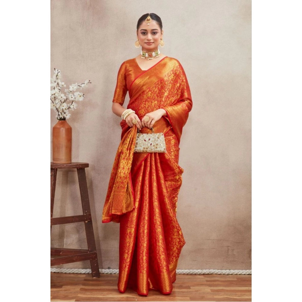 Red silk blend floral printed saree with unstitched blouse, vibrant floral pattern