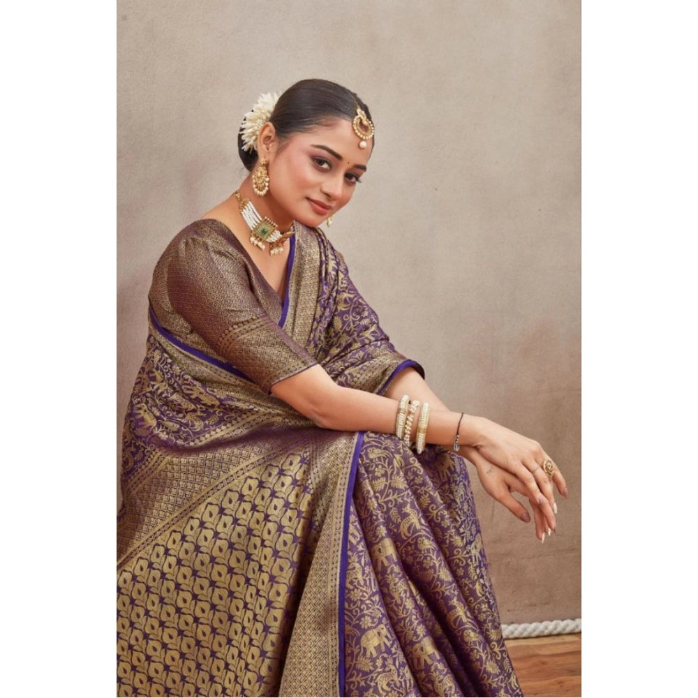 Navy blue silk blend floral printed saree with unstitched blouse, vibrant floral pattern on 5.5mtr length