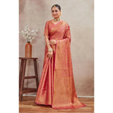 Peach silk blend floral printed saree with unstitched blouse, vibrant floral design on a 5.5mtr length