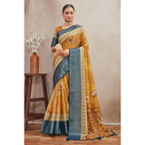 Mustard crepe silk printed saree with unstitched blouse, vibrant Indian fashion wear on display