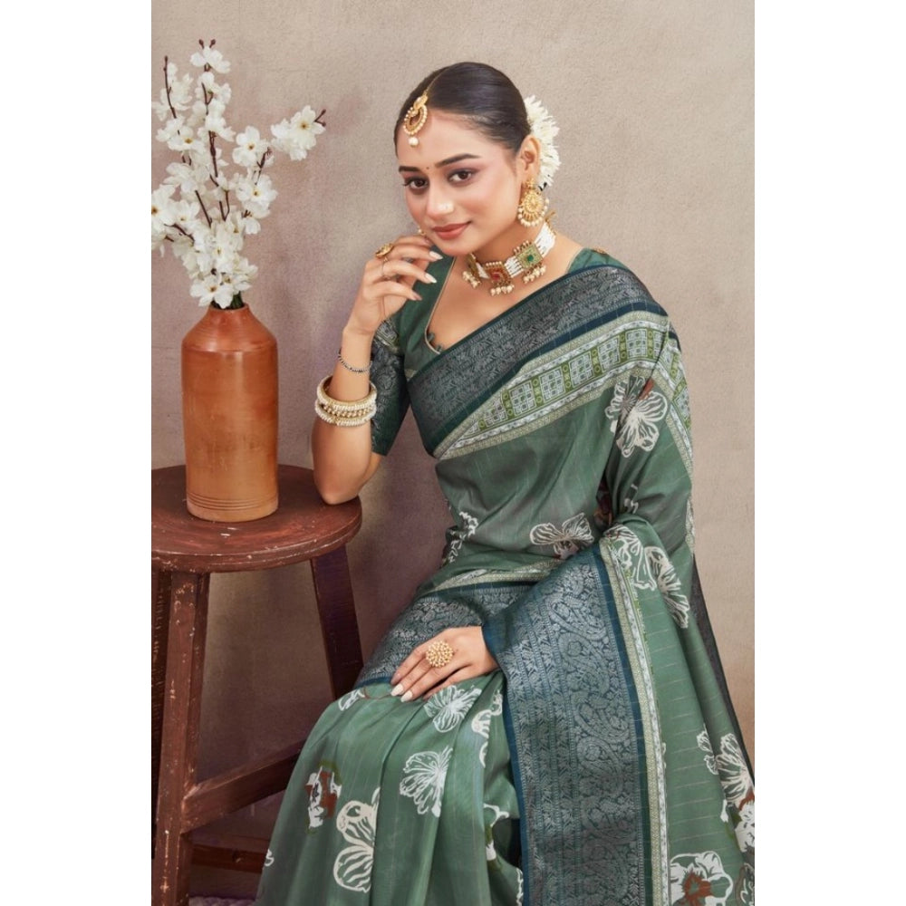 Green crepe silk printed saree with unstitched blouse (5.5mtr)