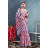 Purple linen floral printed saree with unstitched blouse, vibrant flower design on 5.5mtr fabric