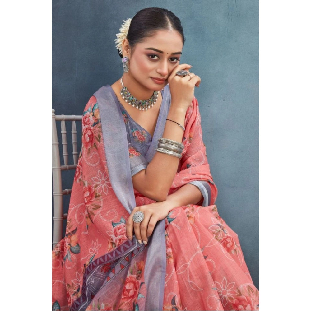 Peach linen floral printed saree with unstitched blouse, vibrant floral pattern on a natural fabric background (5.5mtr)