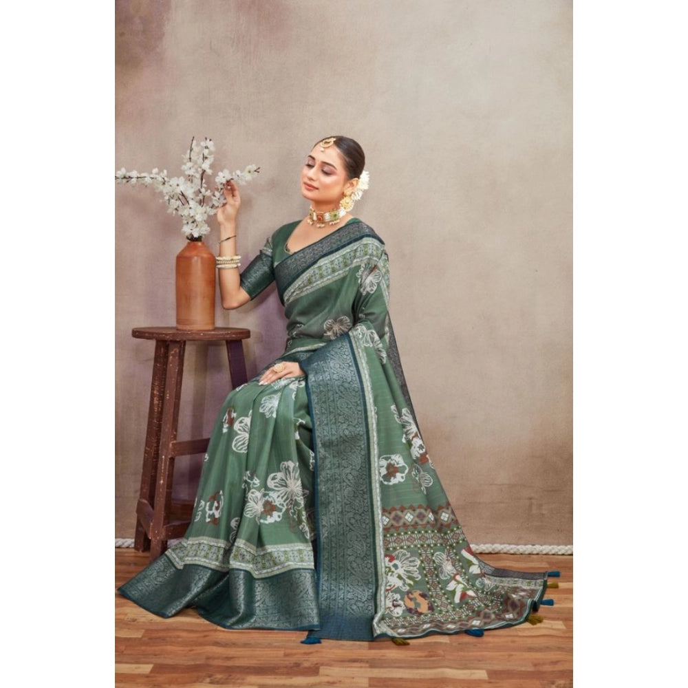 Green crepe silk printed saree with unstitched blouse, vibrant Indian women's fashion