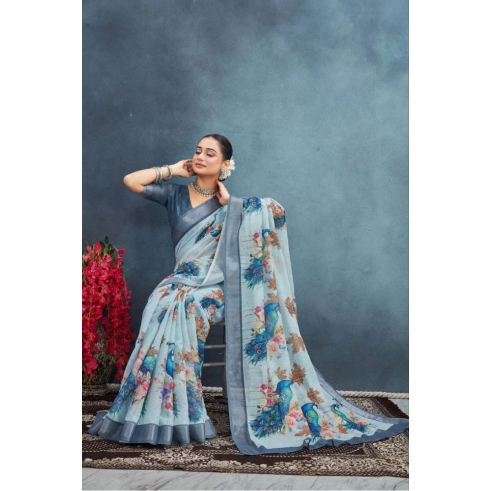 Grey linen floral printed saree with unstitched blouse, vibrant flowers on a classic background