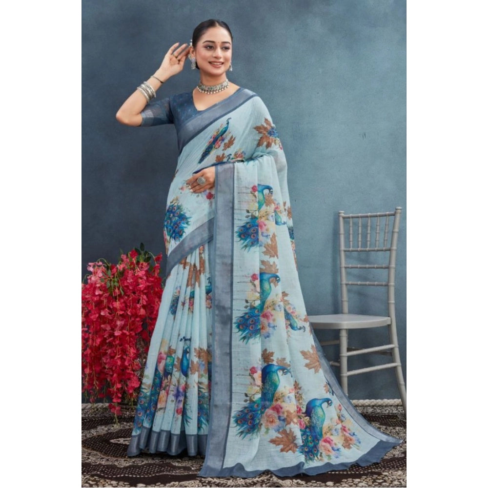 Grey linen floral printed saree with unstitched blouse, vibrant pattern for women's fashion