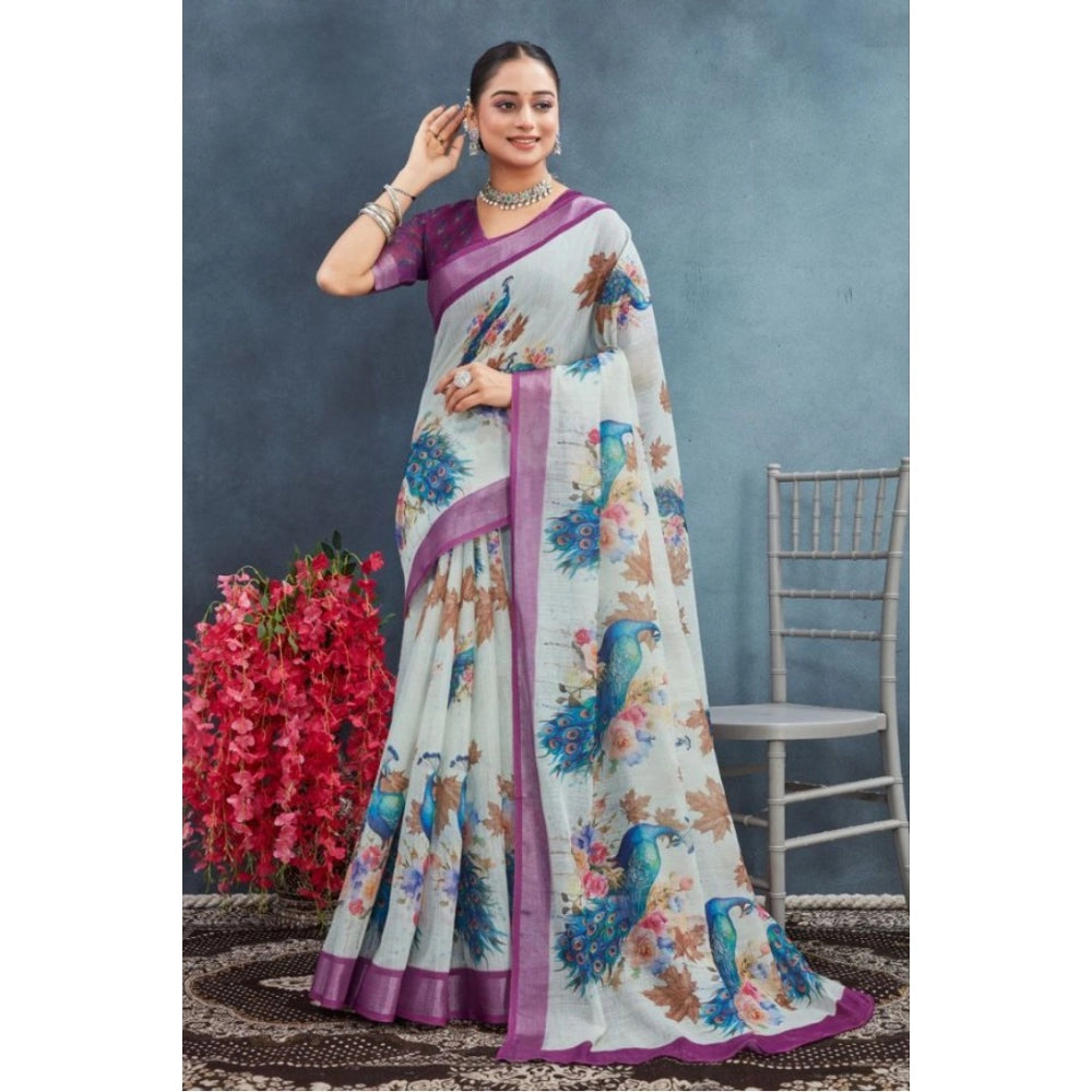 Magenta linen floral printed saree with unstitched blouse, vibrant design for traditional Indian women's wear