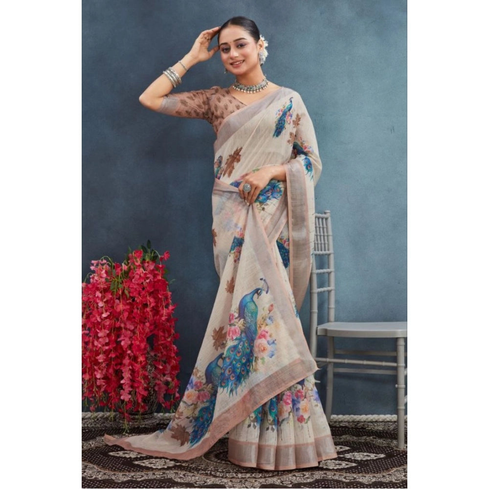 Beige linen floral printed saree with unstitched blouse (5.5mtr), ideal for Indian occasions
