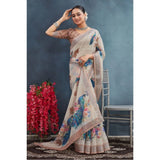 Beige linen floral printed saree with unstitched blouse (5.5mtr), ideal for Indian occasions