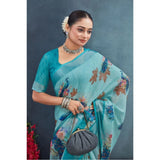 Aqua linen floral printed saree with unstitched blouse (5.5mtr), traditional Indian women's wear