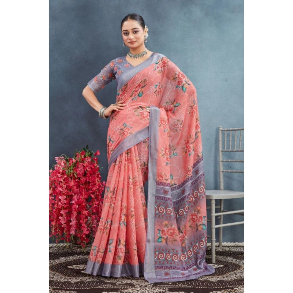 Peach linen floral printed saree with unstitched blouse, vibrant floral pattern on a 5.5mtr length