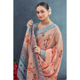 Orange linen floral printed saree with unstitched blouse, vibrant and breathable traditional Indian wear