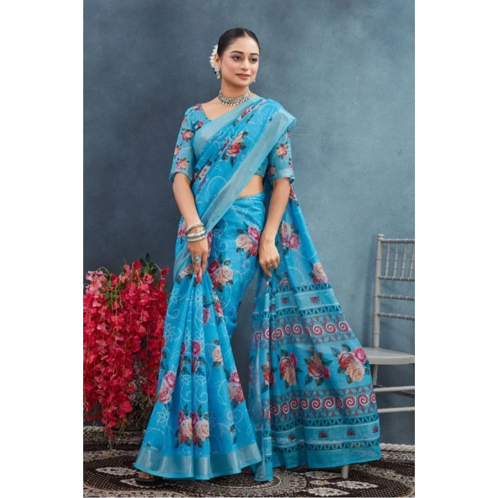 Blue linen floral printed saree with unstitched blouse, vibrant blooms on a soft background