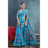 Blue linen floral printed saree with unstitched blouse, vibrant blooms on a soft background
