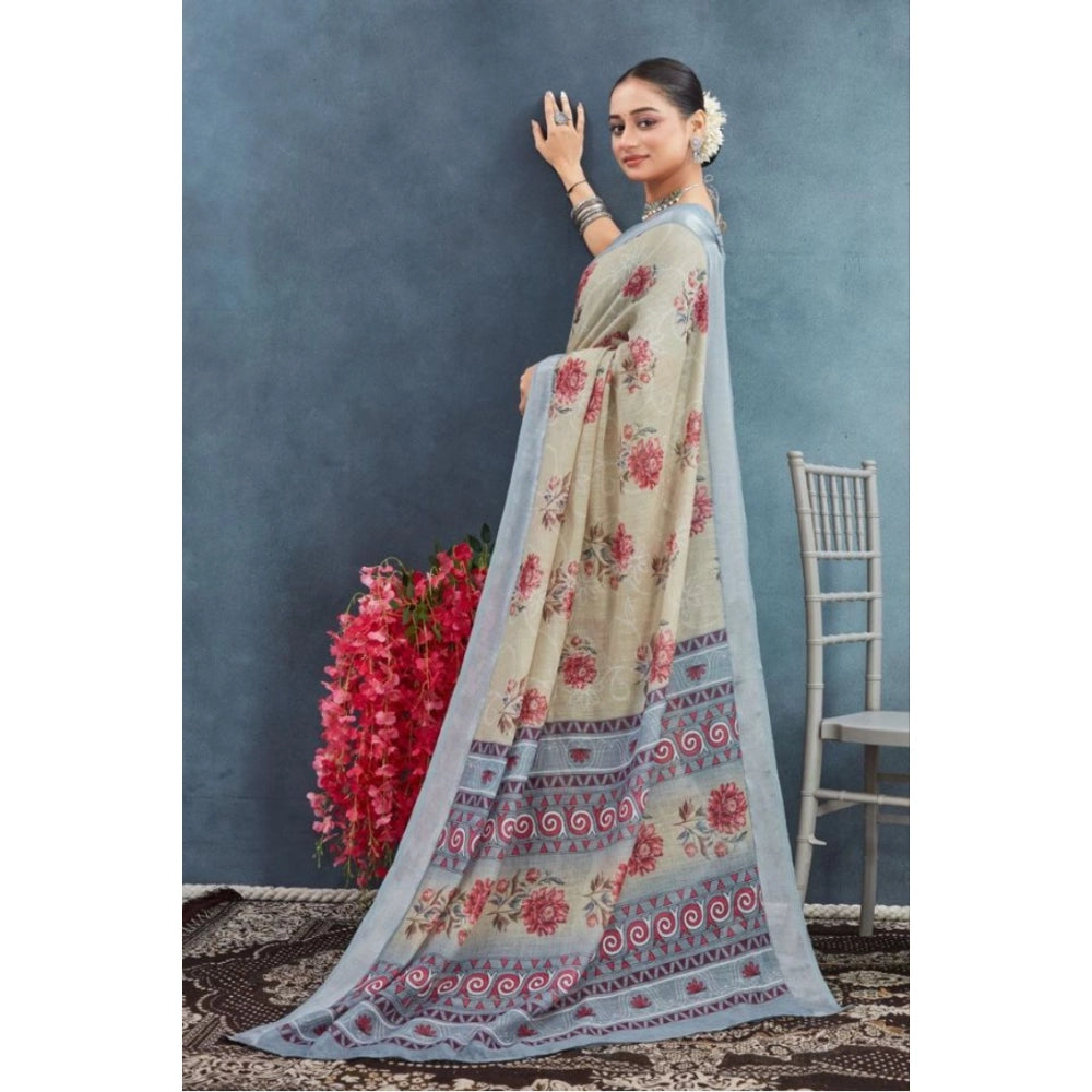 Beige linen floral printed saree with unstitched blouse (5.5Mtr), ideal for traditional Indian wear