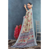 Beige linen floral printed saree with unstitched blouse (5.5Mtr), ideal for traditional Indian wear