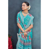 Aqua linen floral printed saree with unstitched blouse (5.5mtr), women's traditional Indian wear